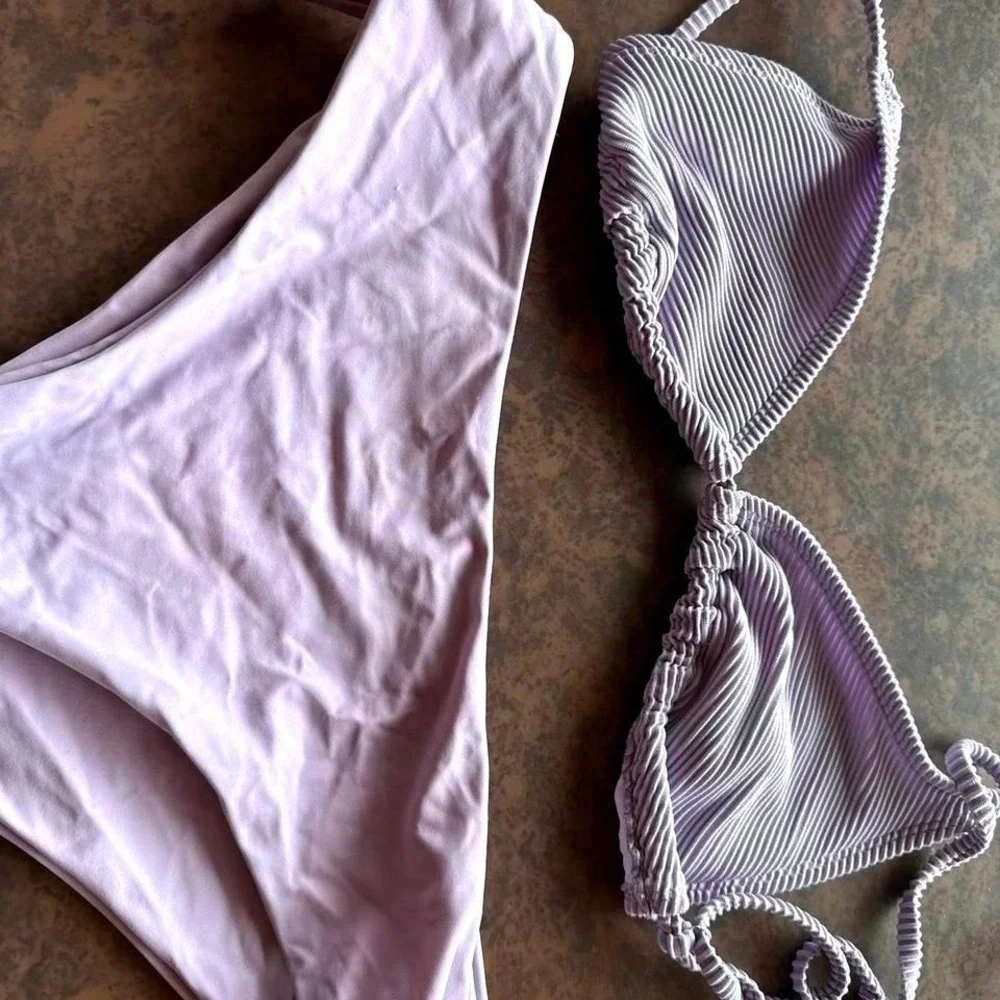 Lavender Lilac Ribbed Triangle‎ Bikini Set High Leg Two Piece Swimsuit Womens